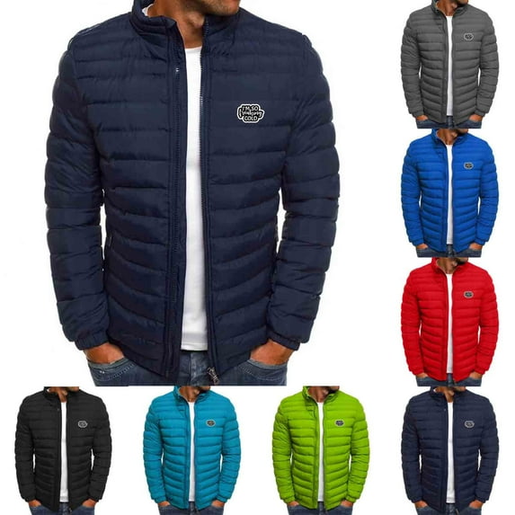 Winter Warm Jackets for Mens Fashion Plus Size Solid Color Letter Printed Long Sleeved Zipper Pocket Hooded Stand Collar Casual Cotton Jacket Black Deal on Clearance!