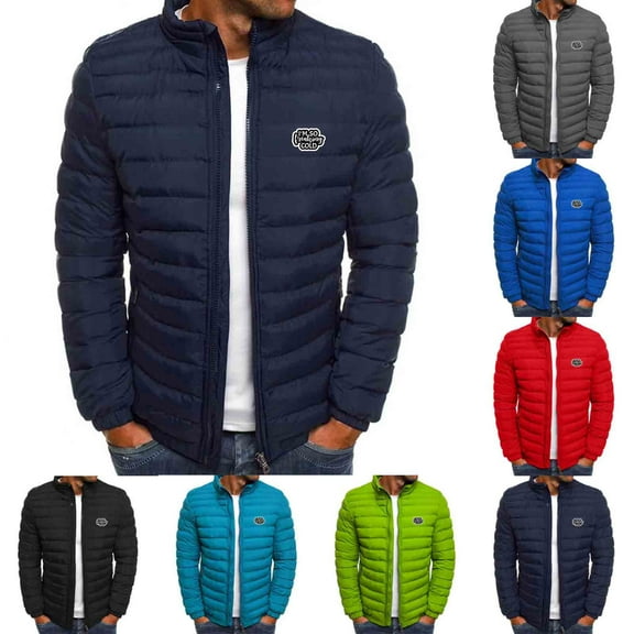 Winter Warm Jackets for Mens Fashion Plus Size Solid Color Letter Printed Long Sleeved Zipper Pocket Hooded Stand Collar Casual Cotton Jacket Black Deal on Clearance!