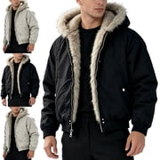 Winter Warm Jackets for Men Faux Fur Lined Hooded Bomber Jacket Padded Outer Coat Black 2XL