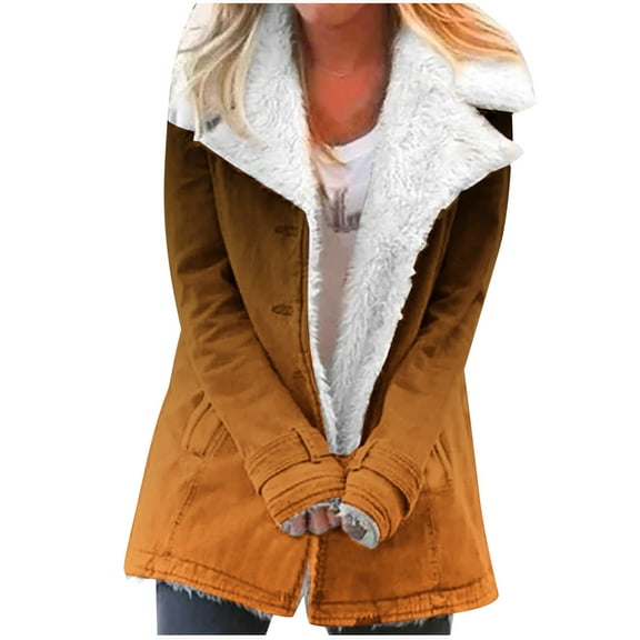 Winter Warm Jackets for Womens Fashion Plus Size Zip Up Composite Plush Button Lapels Jacket Outwear Coat