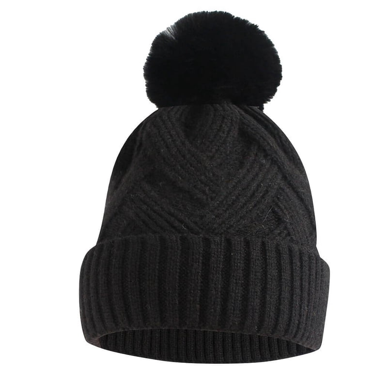 Women\'s Fleece Wool Lined Black Beanie Winter Warm Snow Knit Cross Pom Hat Cap DOCILA Winter Knit Hats for Women Soft Faux Fur Pom Ear  main image 3