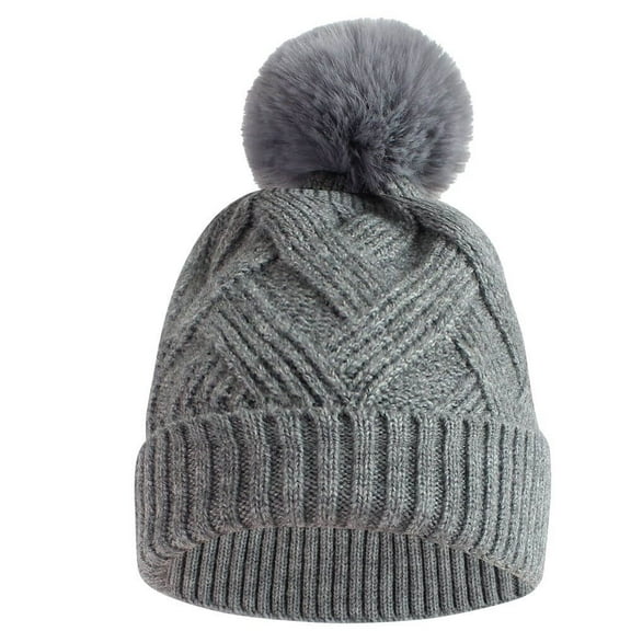 Winter Warm Knit Beanie Fleece Liner with Pom Pom for Cold Weather Women - Gray