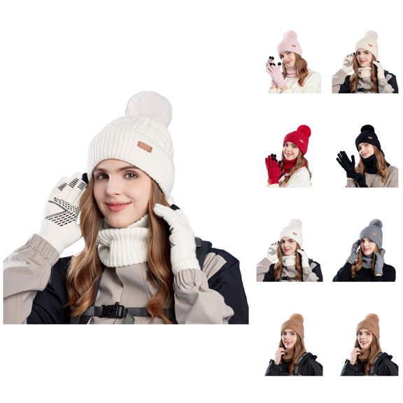 Winter Warm Knit Hat Scarf Gloves Set - Thick Plush Beanie Neck Warmer Mittens, Windproof Stocking Stuffers, Christmas Gifts For Men Women Girls Boys