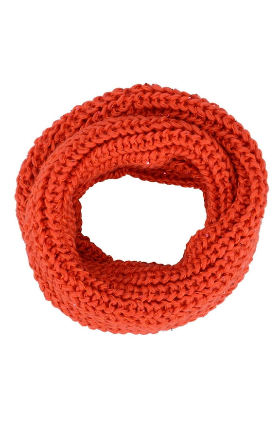 Winter Warm Knitted Large-Weave Infinity Scarf in Lightly Sequined Yarn, Orange