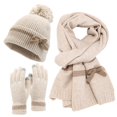 thumbnail image 1 of Winter Warm Knitted Scarf Beanie Hat and Gloves Set Men & Women's Soft Stretch Hat Scarf and Mitten Set Beige Free, 1 of 4
