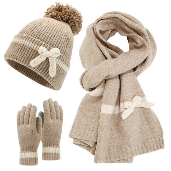 Winter Warm Knitted Scarf Beanie Hat and Gloves Set Men & Women's Soft Stretch Hat Scarf and Mitten Set Khaki Free