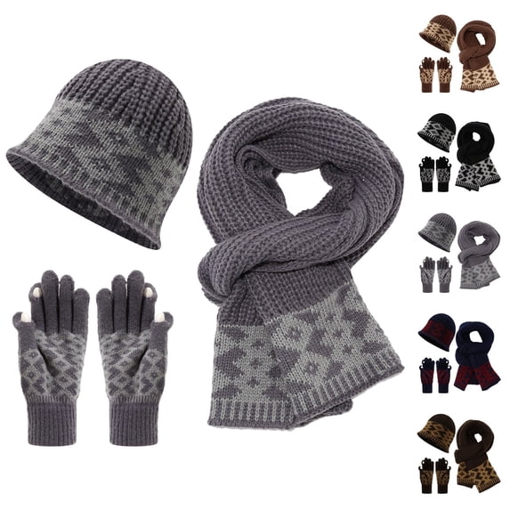 Winter Warm Knitted Sets Beanie Pompom Hat Scarves Winter Touchscreen Gloves Scarf Set for Men Women #03 Khaki