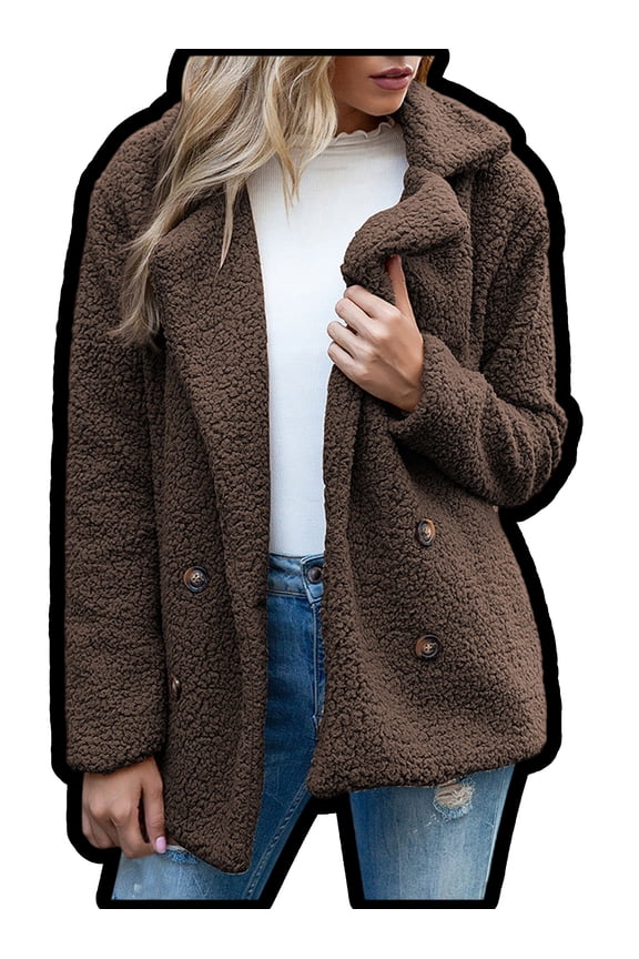 Winter Warm Lightweight Sherpa Jackets Women Casual Solid Color Long Sleeve Jacket with Pockets Lounge Outwear Lapel Neck Double Breasted Coats