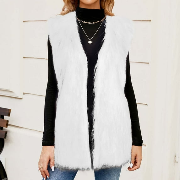 Winter Warm Long Faux Fur Coat for Women Out Work Fleece Sleeveless V Neck Open Front Cardigan Jackets Fall Fashion 2025 Solid Color Out Wear