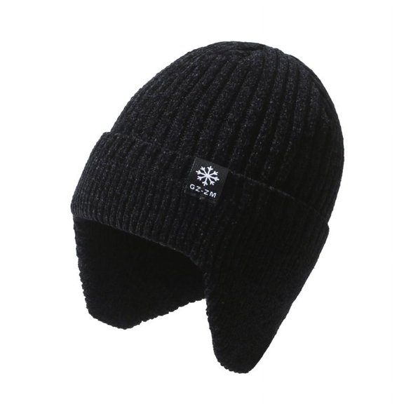 Winter Warm Men Beanie Hat Knit Work Hat With Ear Flaps Outdoor Sport Ski Cap-Black