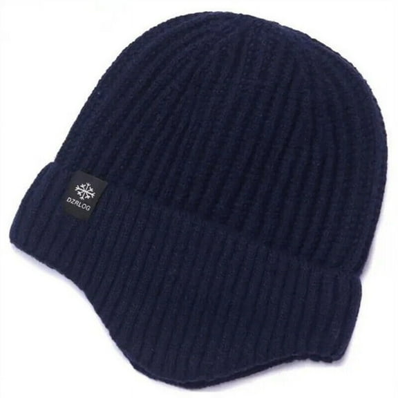 Winter Warm Men Beanie Hat Knit Work Hat With Ear Flaps Outdoor Sport Ski Cap-Navy blue
