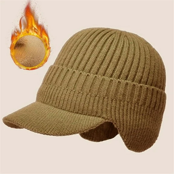 Winter Warm Men Knit Beanie Hat Windproof Cold Weather Outdoor Sports Knitted Skull Cap Khaki Free