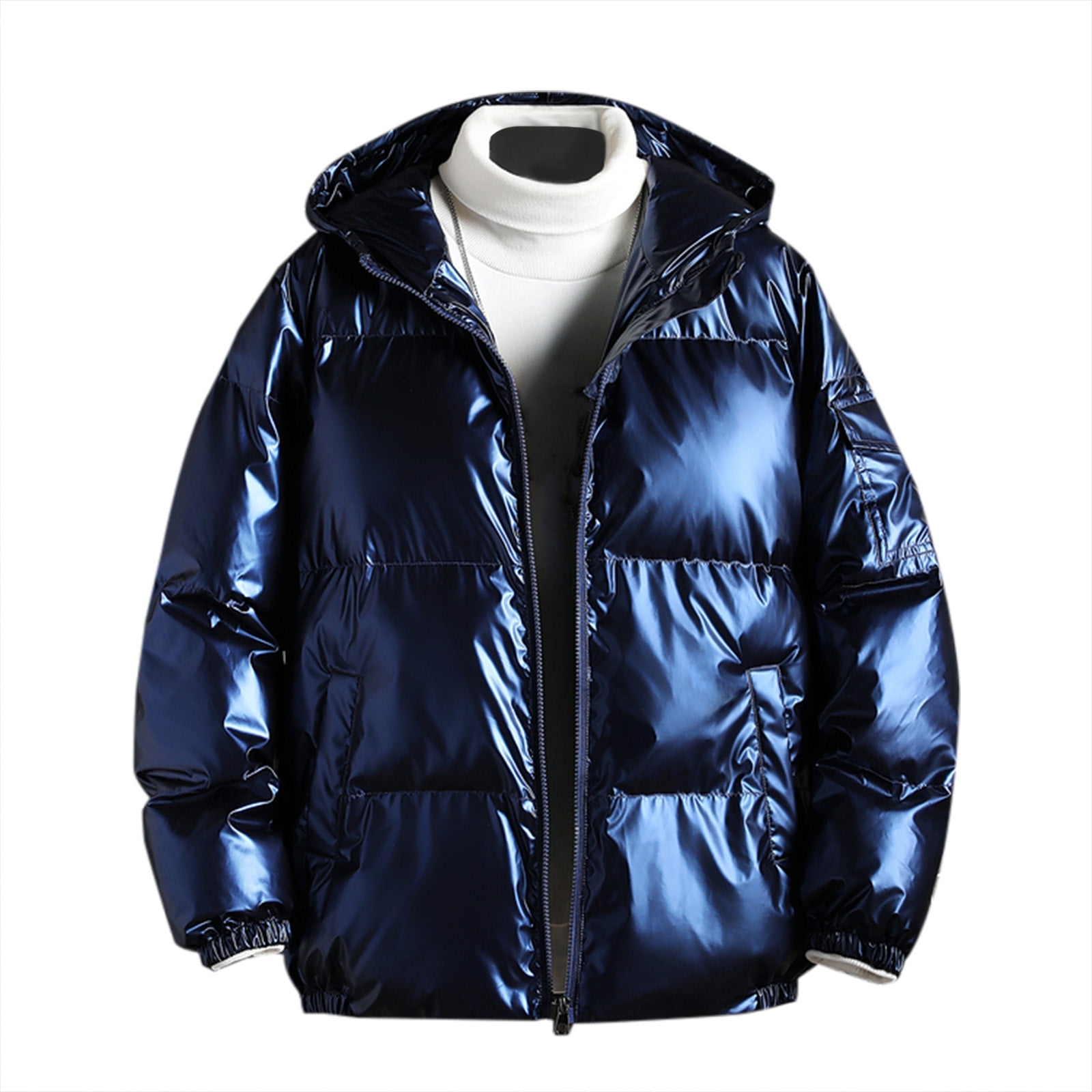 Winter Warm Mens Puffer Jacket with Hood Shiny Hooded