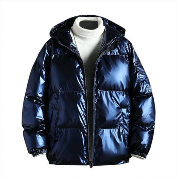 Winter Warm Mens Puffer Jacket with Hood Shiny Hooded Reflective Padded Coat Plus Size Bomber Alternative Heavyweight Jacket