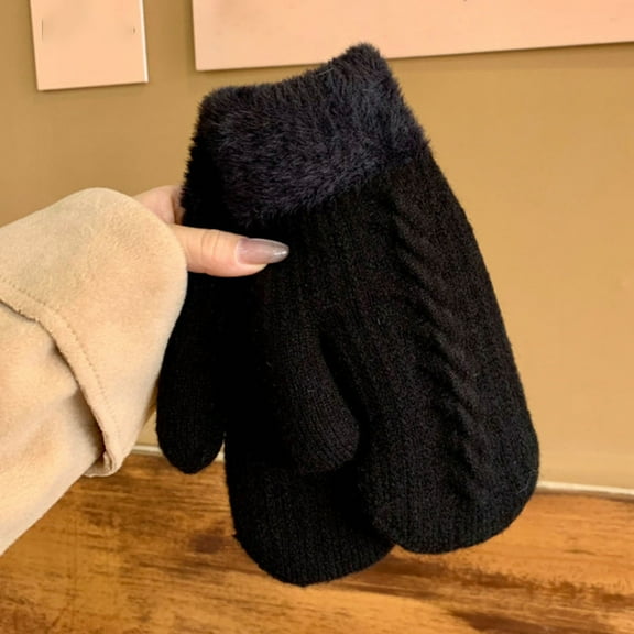 Winter Warm Mittens for Women Men Soft Double Layer Thick Knitted Gloves (Black One Size)