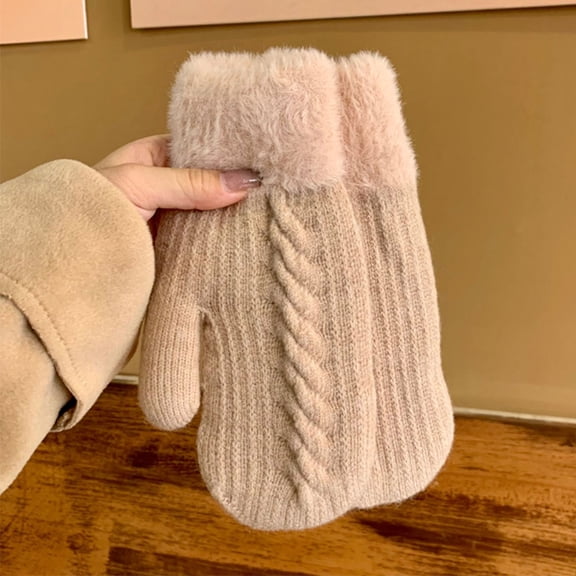 Winter Warm Mittens for Women Men Soft Double Layer Thick Knitted Gloves (Khaki One Size)