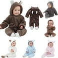 thumbnail image 1 of Winter Warm Newborn Baby Boy Girl Fleece Jumpsuit Hooded Romper Coat Outwear Dark Brown 0-3 Months, 1 of 11