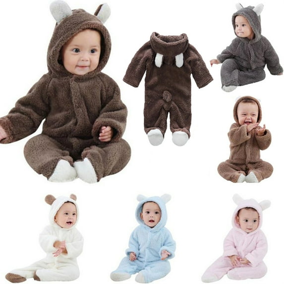 Winter Warm Newborn Baby Boy Girl Fleece Jumpsuit Hooded Romper Coat Outwear Dark Brown 6-9 Months