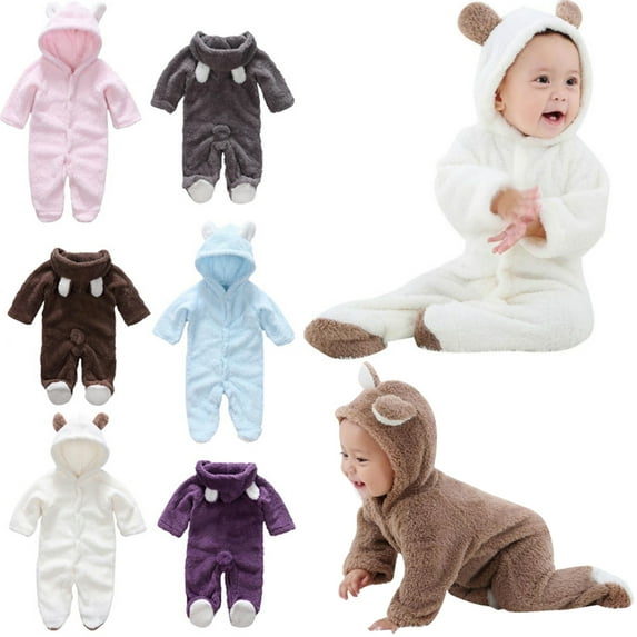 Winter Warm Newborn Baby Boy Girl Fleece Jumpsuit Hooded Romper Coat Outwear Pink 9-12 Months