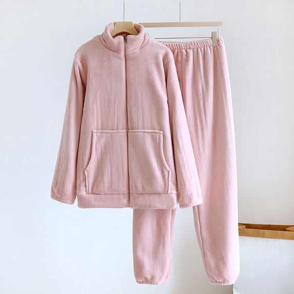 Winter Warm Pajamas Sets for Women, Zip up Coat Jogger Pants Flannel Fleece Thermal Sleepwear Loungewear Outfits L