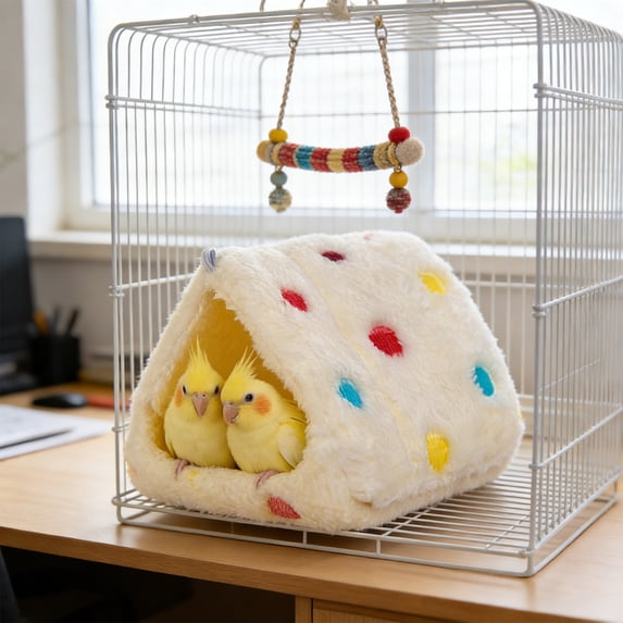 Winter Warm Parrot Hammock Hanging Bed, Soft Plush Bird Hut with Straps, Cozy Fleece Nest for Small to Medium Birds, White