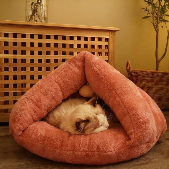 Winter Warm Pet Bed for Cats and Dogs, Semi Enclosed Soft Fluffy House with Removable Washable Cover, Calming Anti Anxiety Cuddler Bed for Small Medium Pets