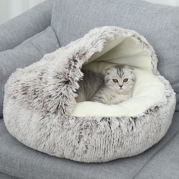 Winter Warm Pet Bed for Indoor Cats and Small Dogs, Semi-Enclosed Plush Cave with Raised Rim Support, Cozy Sleeping Nest for Anxiety Relief and Home Decor Gift