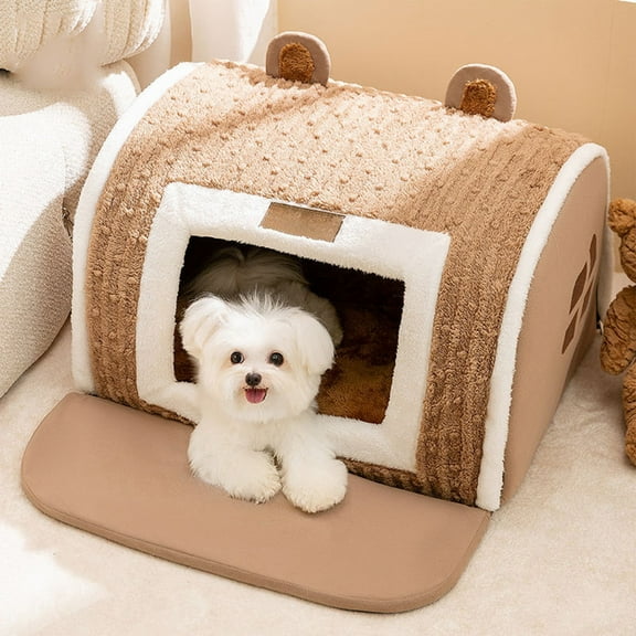 Winter Warm Pet Bed Villa for Cats & Dogs - Removable Washable Semi-Enclosed Nest Mat, 35x30x30cm, Brown/Gray, Up to 5lbs