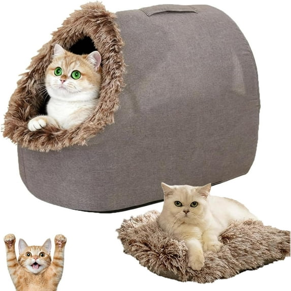 Winter Warm Pet Cave Bed, Cat Beds for Indoor Cats, Cat Tents for Indoor Cats, Removable and Washable Winter Closed-Off Cat Beds, Soft Warm Pets House (Brown,S)