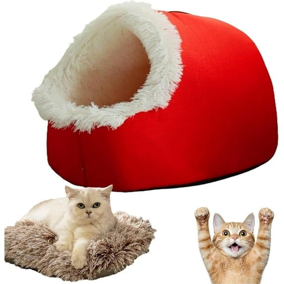 Winter Warm Pet Cave Bed, Cat Beds for Indoor Cats, Cat Tents for Indoor Cats, Removable and Washable Winter Closed-Off Cat Beds, Soft Warm Pets House (Red,S)