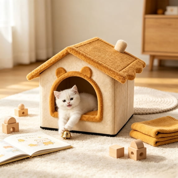 Winter Warm Pet Cave Bed Extra Thick Enclosed Sleeping Bed, Removable Washable Large Pet House for Indoor Sleep Security Rest, Polyester
