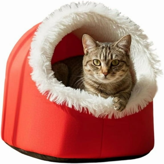 Winter Warm Pet Cave Bed, Soft Plush Hooded Cat Bed with Removable Cushion, Self-Warming Shelter for Small Pets Up to 20lbs
