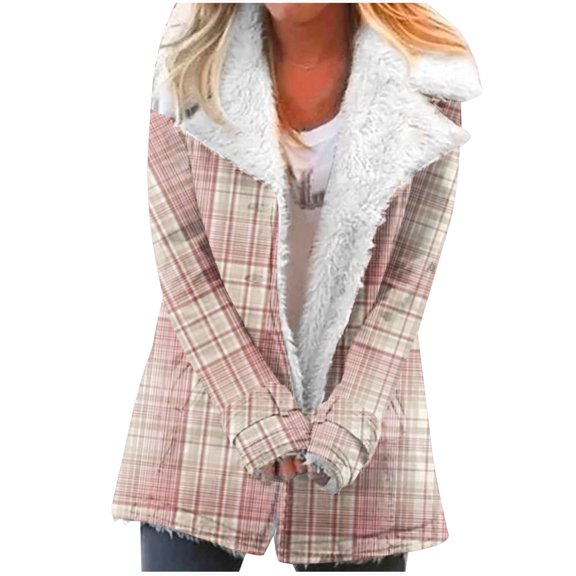Winter Warm Plus Size Caots for Womens Zip Up Fashion Plaid Printed Fashionable Long Sleeved Pocket Composite Plush Button Coat