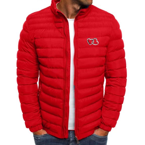 Winter Warm Plus Size Jackets for Mens Fashion Heart Printed Long Sleeved Zipper Pocket Hooded Stand Collar Casual Cotton Jacket 50% off Clearance!