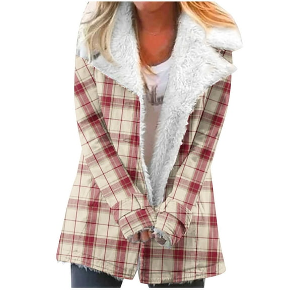 Winter Warm Plus Size Jackets for Womens Fashion Zip Up Plaid Printed Fashionable Long Sleeved Pocket Composite Plush Button Coat