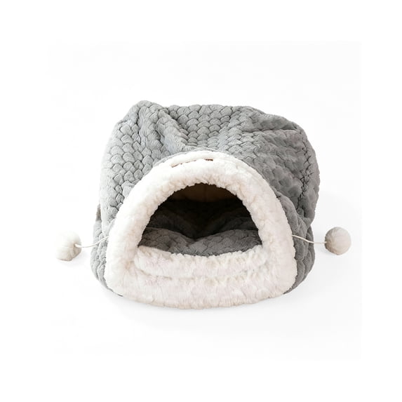 Winter Warm Plush Cat Sleeping Bag, 360° Wrap Cat Cave Bed Snuggle Sack, 2-in-1 Soft Fluffy Cat Hideaway Nest with Play Ball, Cozy Pet Bed for Indoor Cats, Kittens