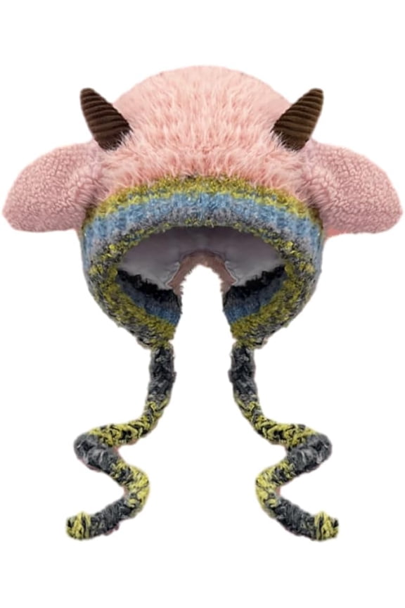Winter Warm Plush Faux Fur Knitted Animal Hat Cozy Cute Horns Sheep Ears Beanie Cap Ear Flap Thick Lining Crochet Hats 2025