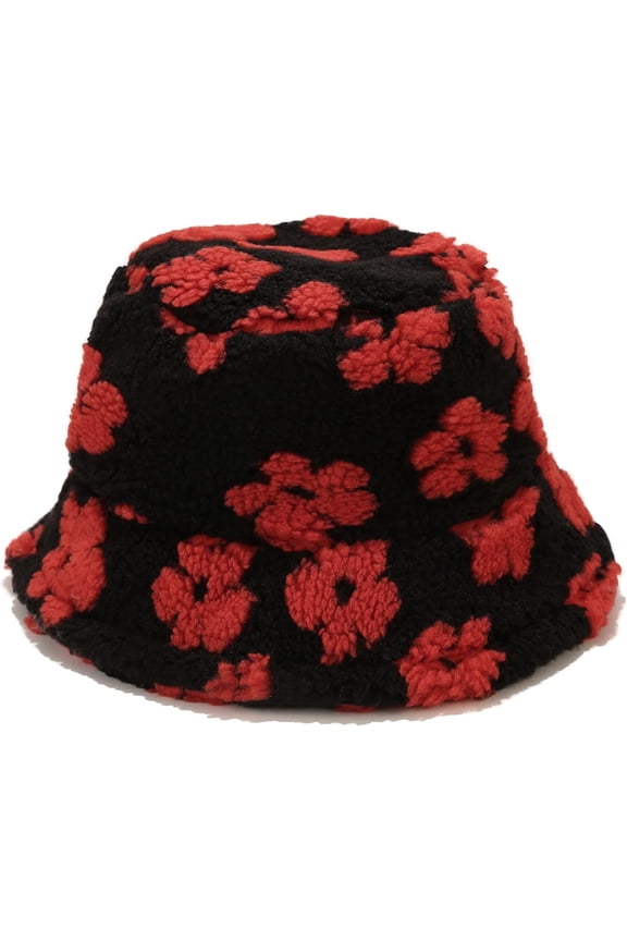Winter Warm Plush Fuzzy Bucket Hat Faux Fur Daisy Flowers Shearling Fisherman Hats for Women