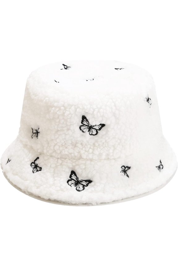 Winter Warm Plush Fuzzy Bucket Hat Faux Fur Shearling Butterfly Fisherman Hats for Women
