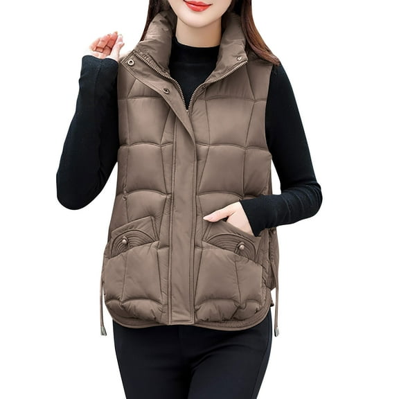 Winter Warm Puffer Vest Womens Sleeveless Quilted Puffy Jacket Vests Stand Collar Zip-Up Outerwear Gilet Brown, XL