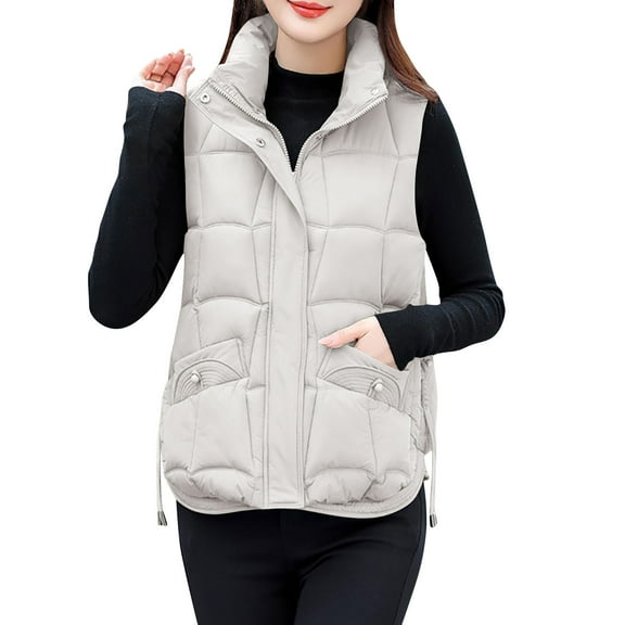 Winter Warm Puffer Vest Womens Sleeveless Quilted Puffy Jacket Vests Stand Collar Zip-Up Outerwear Gilet White, 2XL