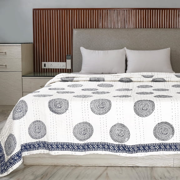 Winter Warm Quilt Reversible Jaipuri Kantha Quilt: Handmade Indian Cotton Batting Blanket