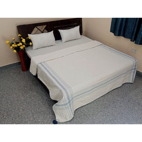 Winter Warm Quilt Striped Cotton Batting Quilt: Handmade Jaipuri Razai Kantha, Queen Size