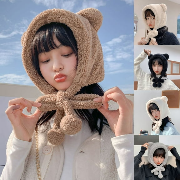 Winter Warm Rex Fur Hat Women 2-in-1 Function Hoods with Scarf Hats Hooded Muffler Fur Headband Cap