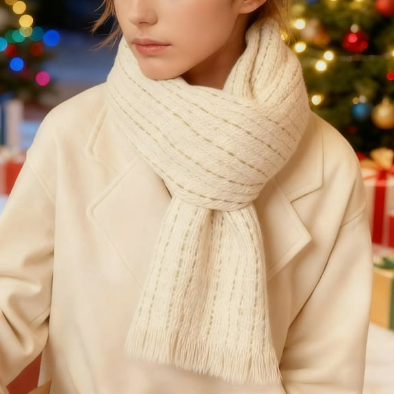 Winter Warm Scarf Women Large Shawl Wraps Blanket, Cold Weather Dress Scarf, Long Plaid White-Beige Knitted Thick Scarf, Neckwear Scarf Blanket with Fringes, Soft Lightweight, unisex