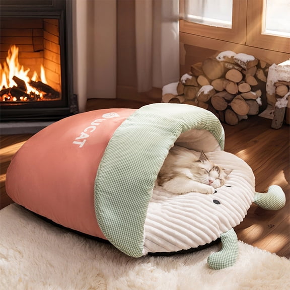 Winter Warm Semi-Enclosed Cat Bed, Soft Foldable Pet Sleeping Mat for Indoor Cats, Cozy Padded Kitty House with Plush Fleece, Calming Cuddle Cup for Small Dogs and Pets