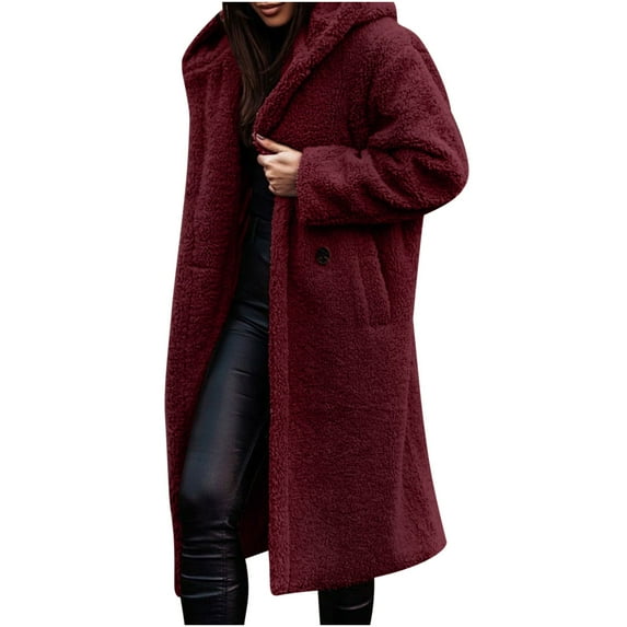Winter Warm Sherpa Coats Jackets For Women Plus Size Hooded Faux Fur Solid Color Long Pea Coat Outerwear