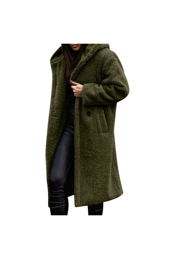 Winter Warm Sherpa Coats Jackets For Women Plus Size Hooded Faux Fur Solid Color Long Pea Coat Outerwear