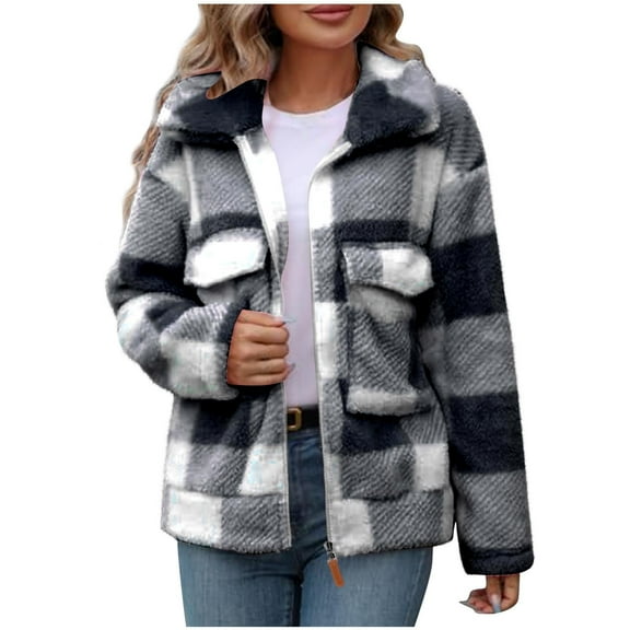 Winter Warm Sherpa Jacket Women Fuzzy Fleece Coats Shacket Fashion Casual Long Sleeve Zipper Up Plaid Teddy Outwear