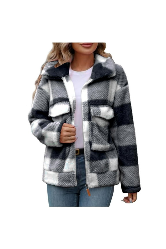 Winter Warm Sherpa Jacket Women Fuzzy Fleece Coats Shacket Fashion Casual Long Sleeve Zipper Up Plaid Teddy Outwear